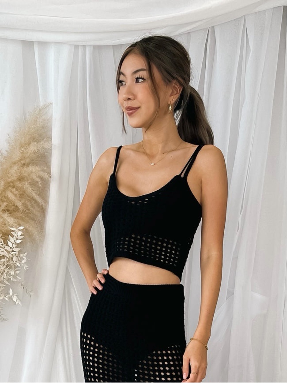 Elan Black Crochet Tank and Wide Leg Pants Set, S/M